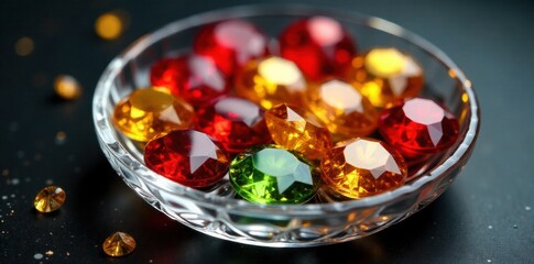 Collection of Assorted Loose Diamonds in a Crystal Dish A scattered assortment of polished loose diamonds, including round brilliants, princess cuts, and marquise cuts, presented in a clear crystal