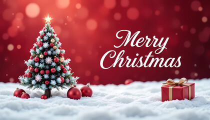 A festive christmas scene with a decorated tree, gift, and the words merry christmas on a red background