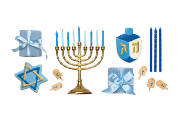 Menorah with blue candles and dreidel gifts, isolated, PNG