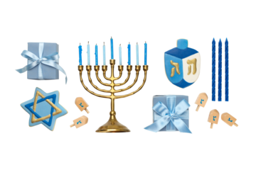 Menorah with blue candles and dreidel gifts, isolated, PNG