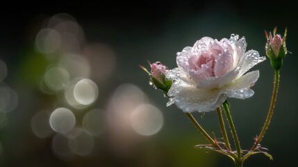 Delicate pale pink bloom glistens with morning dew drops beside closed buds against a dark background