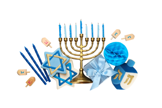 Bright Hanukkah decor: menorah and dreidels, isolated, PNG