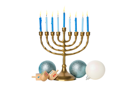 Menorah with blue and white candles and dreidels, isolated, PNG