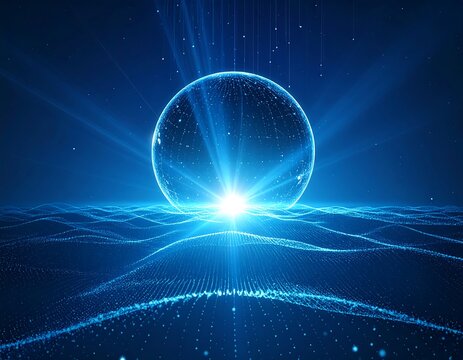 Abstract illustration of a glowing sphere with light rays over a wavy surface