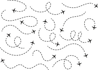 Airplane with dotted line route. flying plane with twisted, curved and straight dashed trace path. transparent png and vector