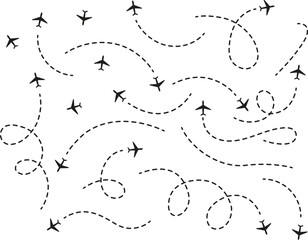 Airplane with dotted line route. flying plane with twisted, curved and straight dashed trace path. transparent png and vector