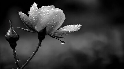 Delicate bloom and tight bud rest covered with glistening beads of moisture