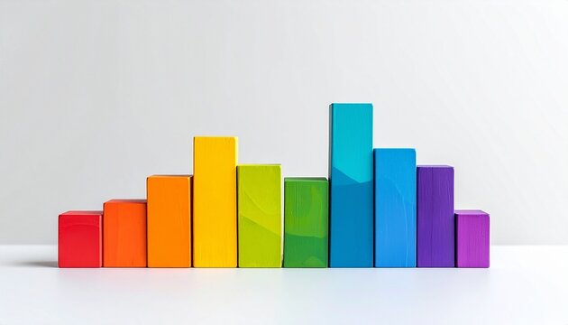 Colorful bar graph with eight vertical bars in spectrum hues rising left to right, set against a vibrant watercolor splash on a glossy surface. - Powered by Adobe
