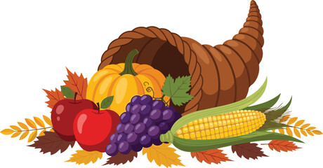 Abundant Harvest Cornucopia Overflowing with Thanksgiving Bounty, Apples, Grapes, Corn, Pumpkin, and Autumn Leaves, a Festive Horn of Plenty for Seasonal Celebrations, Perfect for Holiday Marketing, P