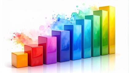 Colorful bar graph with eight vertical bars in spectrum hues rising left to right, set against a vibrant watercolor splash on a glossy surface.