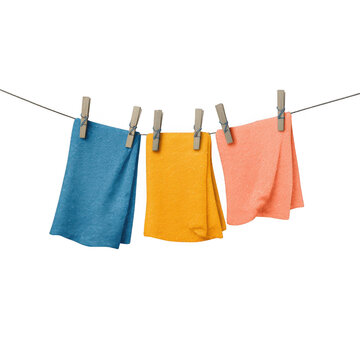 Three colorful cloths hanging on a clothesline with clothespins drying isolated on transparent background