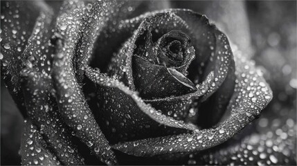 Extreme  captures moisture droplets clinging to dark flower petals in monochrome