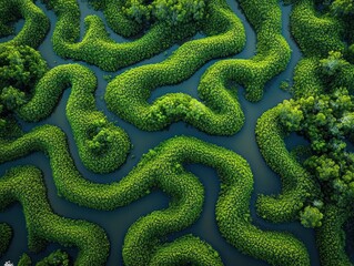 Lush waterways winding through dense vegetation