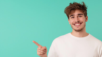 Smiling white man pointing a finger, copy space