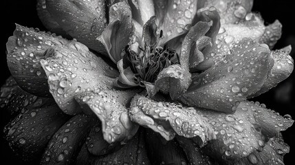 Extreme close up of a flower covered in glistening water droplets against a dark background