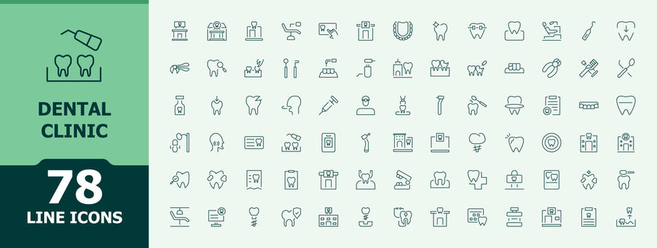 Dental Clinic modern icon set. Health line icon set. Icons for website. Related to hospital, medical, dentist, clinic, treatment, teeth and more. Vector artwork and illustration.