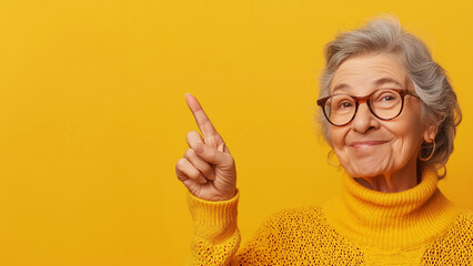 Smiling white old woman pointing a finger, copy space