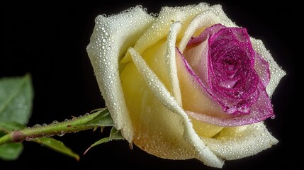 Bicolor rose blossom covered in clear moisture droplets against a deep dark background