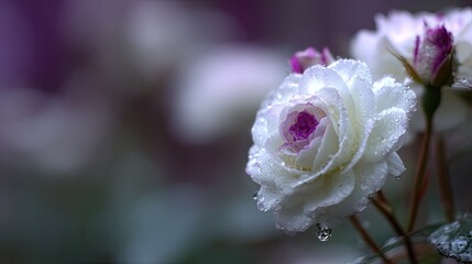 Delicate white and purple rose blossoms display numerous glistening water droplets after a gentle rain