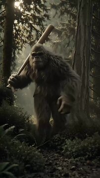 Bigfoot Creature in Forest with Wooden Club &ndash; Mythical Cryptid Illustration
