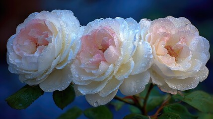 Three delicate pale pink and white blossoms are covered with glistening morning dew drops