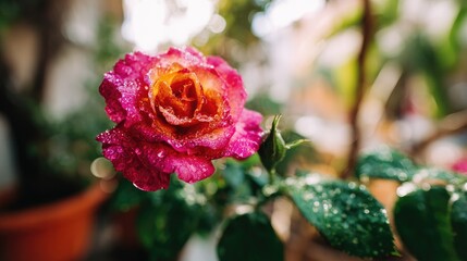 Vibrant bicolored rose bloom covered in morning dew water droplets