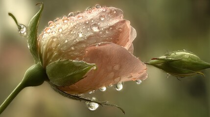 Delicate pale rose blossom covered in clear morning dew drops rests beside a tightly closed bud