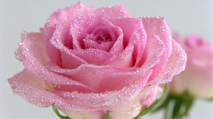 Close up of a delicate pink rose blossom covered with sparkling water droplets against a bright background