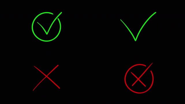 Green check mark, red cross mark Animation. Animated checklist signs, approval badge. Flat and modern checkmark transparent background