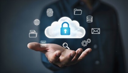 Open hand holding a cloud with a padlock icon, surrounded by various digital service icons representing secure cloud computing and data protection