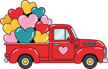 Retro Red Valentine's Day Pickup Truck Delivering Hearts, a Vintage Vehicle Filled with Colorful Love Symbols for Romance and Holiday Celebration, Perfect for Greeting Cards, Marketing, and Festive De