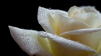 Extreme close up reveals delicate white flower petals covered in tiny glistening water droplets