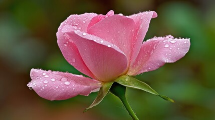 Partially opened pink rose bloom glistens with numerous clear water droplets against a soft, blurred natural background