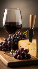 A Rustic Gourmet Pairing - Red Wine, Aged Cheese, and Grapes Bathed in Warm, Soft Light.