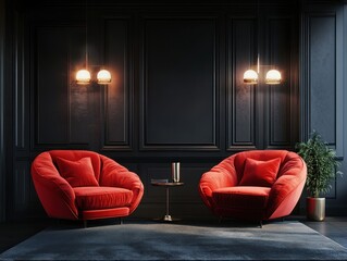 Luxurious dark room with red armchairs