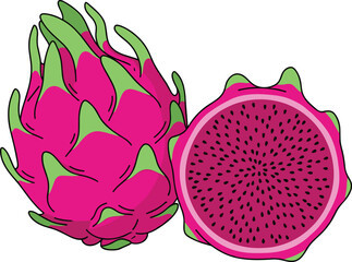 Dragon Fruit Still Life Composition on White Background - Healthy Tropical Fruit, Freshness, and Exotic Food Concept for Nutrition, Dieting, and Wellness Marketing, Illustration Style with Bright Colo