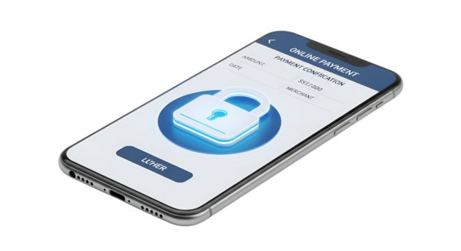 Smartphone screen displaying a digital padlock icon and login button, symbolizing online security and secure payment, isolated on transparent background - Powered by Adobe