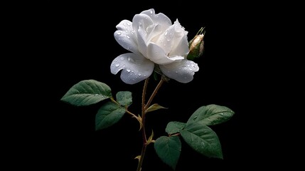 Pristine white rose bloom displays tiny water droplets against a deep black background