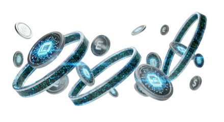 Abstract digital cryptocurrency rings and coins with glowing blue light, isolated on transparent background