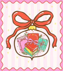Cute Coquette Gingham Christmas Cozy Reading Bookish Stack Books in Ornament Bauble Ball Festive cartoon hand drawn holiday illustration