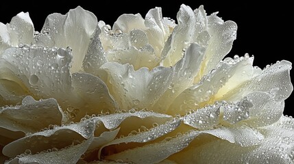 Extreme close up reveals delicate white flower petals covered in glistening moisture droplets against a dark background