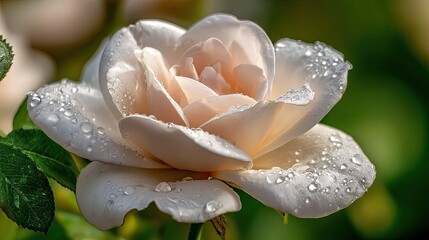 Delicate pale rose blossom covered in glistening water droplets reveals soft inner petals.