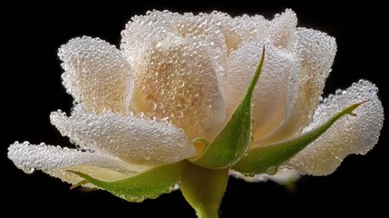 Delicate pale flower bud is heavily coated in shimmering droplets against a dark background