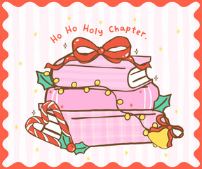 Cute Coquette Gingham Christmas Cozy Reading Bookish Stack Pink Books Gift Wrapped with Red Ribbon Bow Festive cartoon hand drawn holiday illustration