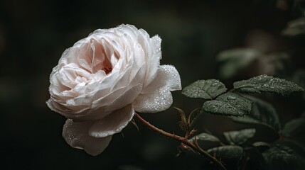 Pale blooming flower covered in morning dew sits against a dark background