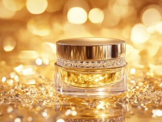 Luxurious gold cosmetic jar on a sparkling background