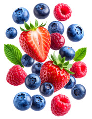 Freshly isolated raspberry and blackberry berries on a white background are a sweet, healthy fruit dessert