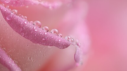Numerous transparent droplets cling to the edge of a soft pink flower petal in a close up view