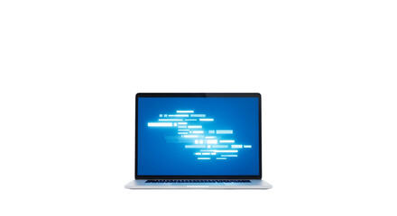 A modern laptop displaying a glowing blue screen with abstract text and data streams, isolated on a transparent background, representing technology and information flow
