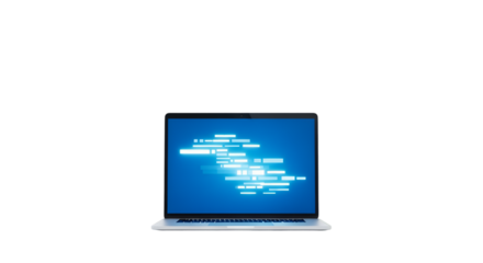 A modern laptop displaying a glowing blue screen with abstract text and data streams, isolated on a transparent background, representing technology and information flow